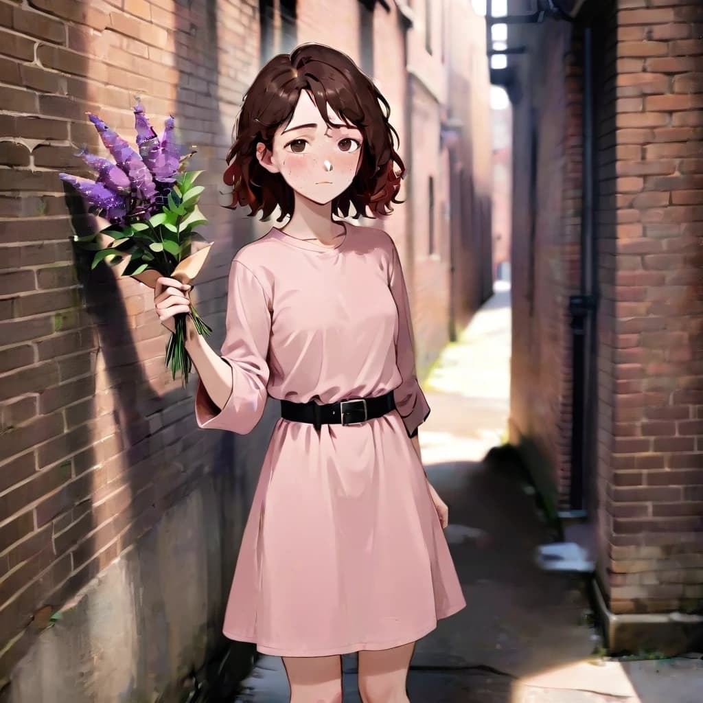 A young woman with wavy dark brown hair and freckles stands against an old brick wall on a narrow city alley. She wears a dusty pink shirtdress with an asymmetrical hem and a black velvet belt; the sleeves are rolled up to the elbows. She holds a carelessly arranged bouquet of buddleia, a few sprigs slightly fallen. She doesn't look at the camera, but gazes thoughtfully at the graffiti on the wall, as if remembering something. The photo was taken on 35mm film, in warm daylight, with a slight grain, crisp textures of brick and fabric, and a medium depth of field: the figure is in focus, the edges of the frame are slightly softer.