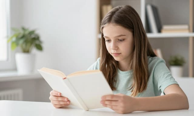 европейская девушка читает  книгу за столом