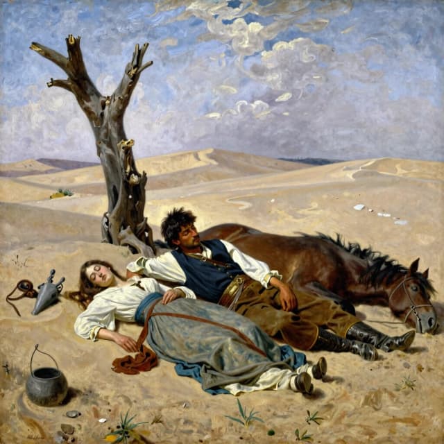Oil painting, ancient times, a young man of 20 years old and a girl of 18 years old, lying unconscious on the sand,  next to a dried tree and a fallen horse, around the desert, style Vasily Vereshchagin