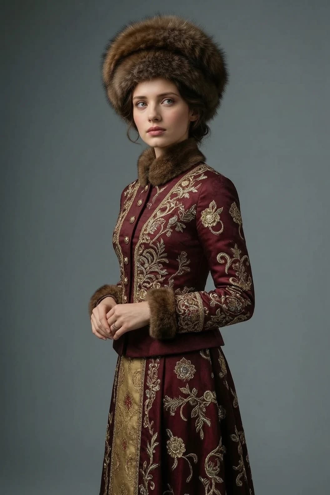 Portrait of a 22-year-old young woman in an elegant historical costume, standing half-turned and looking into the distance with a slight expression of thoughtfulness. She is wearing a luxurious fitted burgundy jacket with a high collar and a long skirt decorated with rich gold and silver embroidery in the form of floral ornaments and ornate patterns. The sleeves and collar are lined with fluffy fur, and the jacket has delicate metal buttons. The woman's head is crowned with a voluminous, fluffy hat made of thick brown fur. She is depicted on a neutral monochrome gray-blue background, which does not distract attention from the detail of the outfit. The lighting is soft, studio-like, directed from the side, which creates delicate shadows and highlights the texture of the fur, the shine of embroidery and facial features. The color palette is restrained and noble, consisting of rich brown and muted gold. The picture is made in the style of high-quality fashion photography with precise details of fabrics, creating an atmosphere of aristocracy, historical drama and sophisticated luxury.
