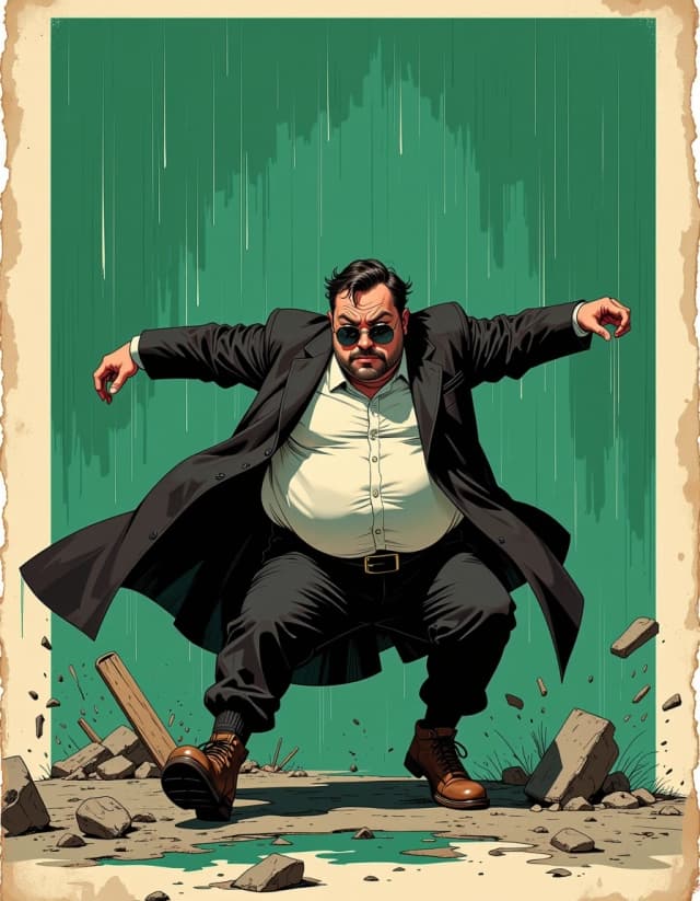 A masterpiece,  in the style of the 1980s, with bold lines, dynamic strokes and rich textures, on background with a touch of nostalgia, perhaps with subtle drawings inspired by cellulose and vintage, worn textures similar to paper, oil painting, epic generic sci-fi action movie poster, tiny scrawny short character wearing an oversized long black trench coat dragging on the ground, oversized round sunglasses sliding down his nose, comically crossed eyes visible behind sunglasses, round bulging belly stretching underneath the coat, awkwardly stumbling instead of a stylish dodge pose, digital green code rain effect in background, cinematic dramatic lighting, absurd comedic exaggeration, caricature style,  blockbuster poster style, ultra detailed, 8k, sharp focus, original character design, celshading, simple background