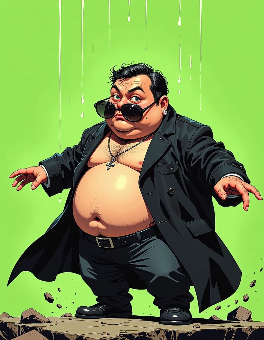 A masterpiece,  in the style of the 1980s, with bold lines, dynamic strokes and rich textures, on background with a touch of nostalgia, perhaps with subtle drawings inspired by cellulose and vintage, worn textures similar to paper, oil painting, epic generic sci-fi action movie poster, tiny scrawny short character wearing an oversized long black trench coat dragging on the ground, oversized round sunglasses sliding down his nose, comically crossed eyes visible behind sunglasses, round bulging belly stretching underneath the coat, awkwardly stumbling instead of a stylish dodge pose, digital green code rain effect in background, cinematic dramatic lighting, absurd comedic exaggeration, caricature style,  blockbuster poster style, ultra detailed, 8k, sharp focus, original character design, celshading, simple background