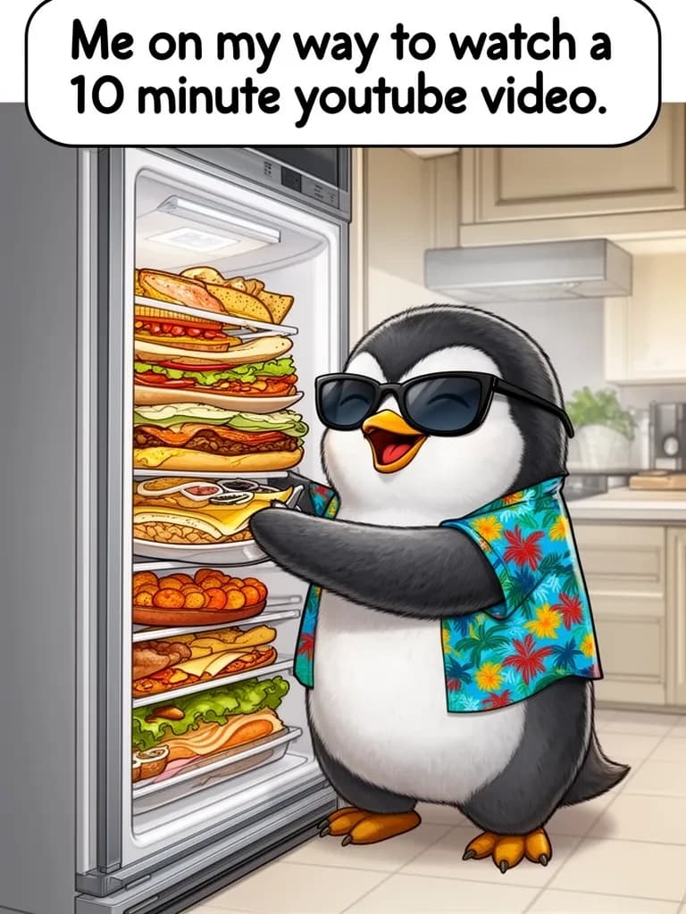 Create for me a funny comic image of a cute and fluffy penguin wearing a hawaiian shirt and sunglasses in the kitchen. He's opening the refrigerator and pulling out multiple snacks and meals stacked on top of each other. He's got a very happy expression on his face. The caption at the top says "Me on my way to watch a 10 minute youtube video.