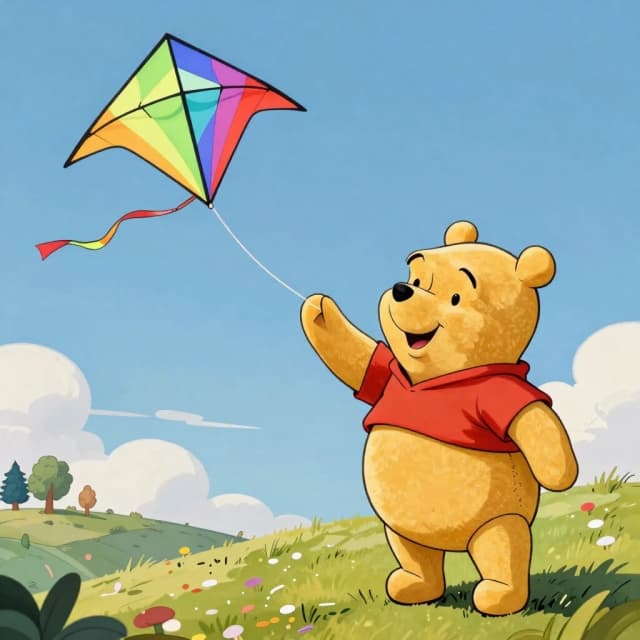 A masterpiece. Create an image. The style is watercolor painting.((How an artificial intelligence would depict Winnie the Pooh launching a colorful bright kite on a windy hill:1.6)). High resolution. High detail and clear texture. Close-up. High quality. Increased attention to small details. The aspect ratio is 3:4. The artist is Levitan, Vrubel.