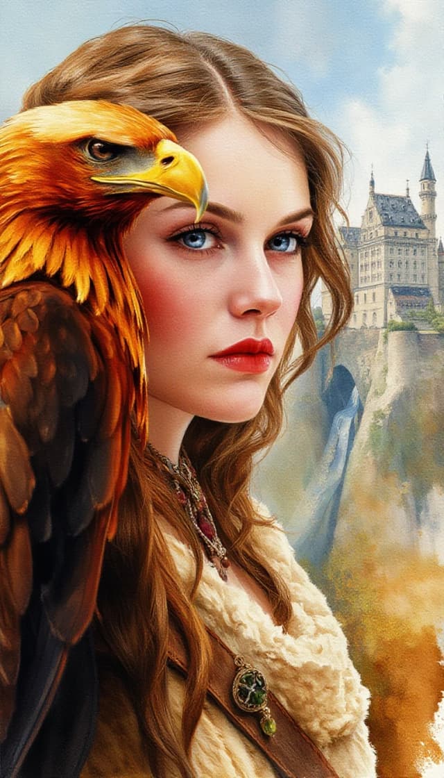 A masterpiece. The painting is done in watercolor. Double exposure: 1.8. Portrait of a fabulously beautiful princess from ancient chivalric romances in a hunting costume with a golden eagle: 1.8. Double exposure. The entire painting is united by an old landscape with a castle on a high cliff. High quality. High resolution. The hunter's pose. The gaze is directed into the distance. Increased attention to small details, clear contours. Close-up. Fat strokes, drips, and spots. Watercolor style. Artist: Levitan, Sergey Andriaka.