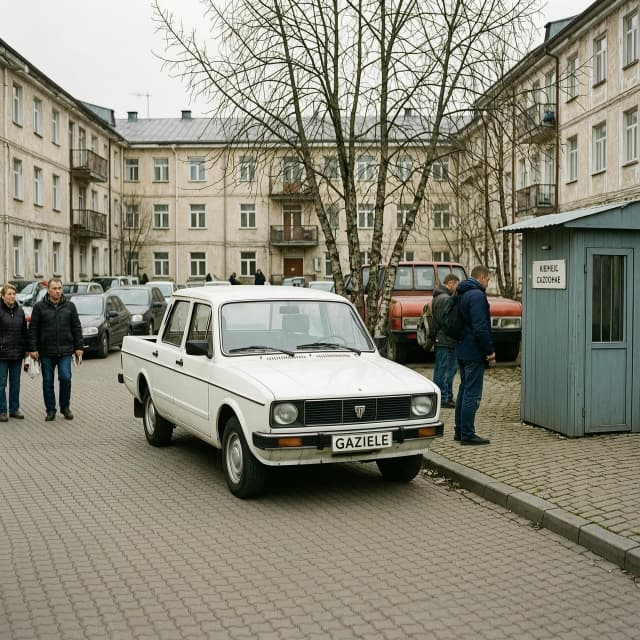 A white GAZelle drives through busy residential courtyard in Russia, parking near a pickup point entrance. Tracking shot from street level.