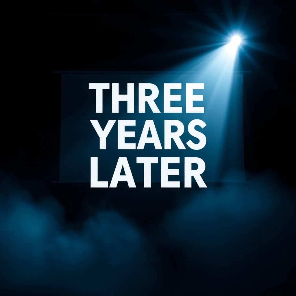 надпись заглавными буквами: "THREE YEARS LATER". Свет от проектора падает на экран, создавая атмосферу драматичного момента. Стиль постера к фильму, высокое качество, 4K.