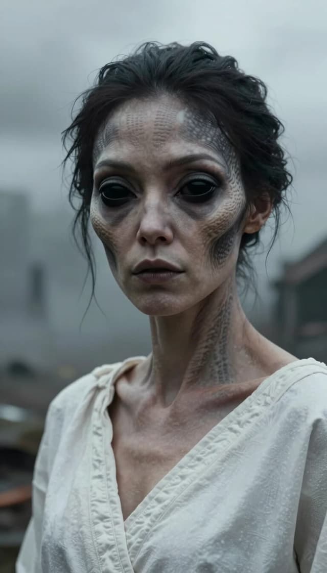 a realistic close-up shot of an alien-woman with black solid eyes, dressed with a white tunic, he's looking at the camera, detailed skin with monochrom pattern on face, in a dystopian world, cloudy and foggy weather, post-apocalyptic, canon 5d, 50 mm