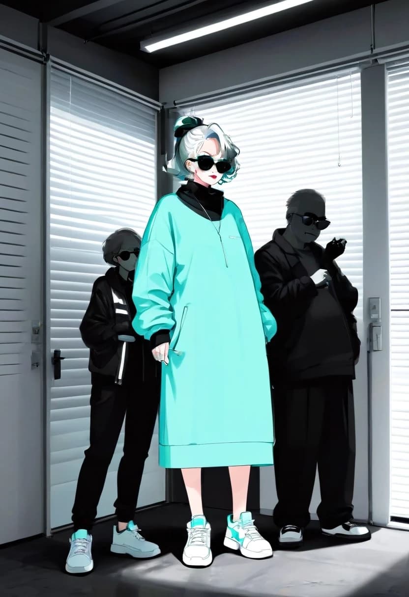 Aesthetics, provocation, photorealism, oversized techno fashion, silhouettes of cool fashionable grandmothers, the real tallest and oldest crazy dad-fashion designer with a model appearance, blinds on garage doors, monochrome, black and turquoise neon, unusual angle, heavy white sneakers, giant fashionable glasses