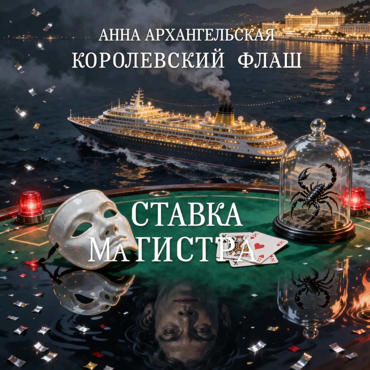 Book cover for a Russian-language psychological detective thriller.  Автор: Анна Архангельская, серия: "Королевский флеш", название: "СТАВКА МАГИСТРА", Vertical 2:3 composition. Cinematic digital painting in a high-end noir style. Белая маска двуликого Януса, A luxurious Mediterranean cruise liner at night, viewed from a high-angle perspective, drifting through the deep, ink-black waters of a winter sea near the shimmering, distant golden lights of Monte Carlo. The ship is an imposing silhouette of elegance and hidden menace: the upper decks glow with a warm, opulent amber light, while the lower decks dissolve into thick, smoke-like shadows. 

In the sharp foreground, a dramatic still life: a single, pristine white porcelain theatrical half-mask floats weightlessly above a deep emerald green felt poker table. Beside it, the dark, menacing silhouette of a black scorpion is visible inside a glass terrarium. Two playing cards lie on the felt: the King of Spades and the King of Hearts, with a Joker card partially tucked beneath them. The surface of the dark water below reflects a haunting, distorted human face, blending reality with psychological dread. 

Lighting: Dramatic chiaroscuro, with warm gold highlights clashing against midnight navy shadows. Small, piercing crimson emergency lights and glints of silver confetti provide sharp accents. Subtle reflections of fire dance within the glass elements. Mood: Expensive, tense, psychological suspense, winter glamour, and noir mystery. Palette: Midnight navy, emerald green, old gold, ivory white, and controlled crimson. Composition: Uncluttered, leaving clean, atmospheric space