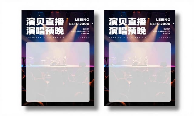 Create a premium horizontal flyer for a concert campaign. The flyer is divided into two equal vertical sections (left and right), each functioning as an independent event announcement while sharing one cohesive visual style.
Design a modern, energetic, music-focused layout with a clean editorial grid. Use light or dark background with subtle gradients, atmospheric lighting, abstract stage lighting effects, soft beams, light haze, and elegant graphic textures. The design should feel contemporary, premium, and suitable for live music events.
Create clearly defined empty layout areas with subtle visual framing.
The reserved areas should be visually obvious through composition, spacing, soft panels, translucent overlays, or subtle framing, but they must remain completely empty.
Maintain excellent alignment, generous margins, balanced negative space, and a professional print layout. The two sections should have identical structure while allowing different content to be inserted later.
Editable-looking promotional flyer layout ready for adding typography later. Design according to a modular grid with consistent margins and spacing, leaving sufficient whitespace for comfortable typography placement.