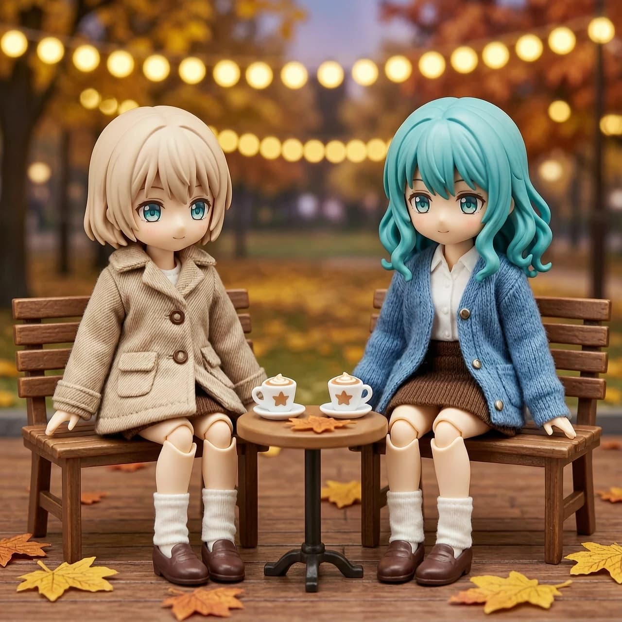Профессиональная макрофотография двух шарнирных аниме-кукол в стиле Q Posket Doll, масштаб 1:12. Харука со светлыми короткими волосами в тёплом пальто и Мичиру с волнистыми бирюзовыми волосами в красивом кашемировом кардигане. Пара сидит на деревянной скамейке в осеннем парке на террасе. Между ними стоит столик, на котором стоят две чашечки кофе с рисунком на пенке и рассыпаны сухие кленовые листья. На заднем плане всё окутано мягким светящимся боке от размытых огоньков жёлтой гирлянды. Чёткая текстура ткани кукольной одежды, глянцевый блеск кукольных лиц, высокая детализация, тёплый и уютный вечерний свет.