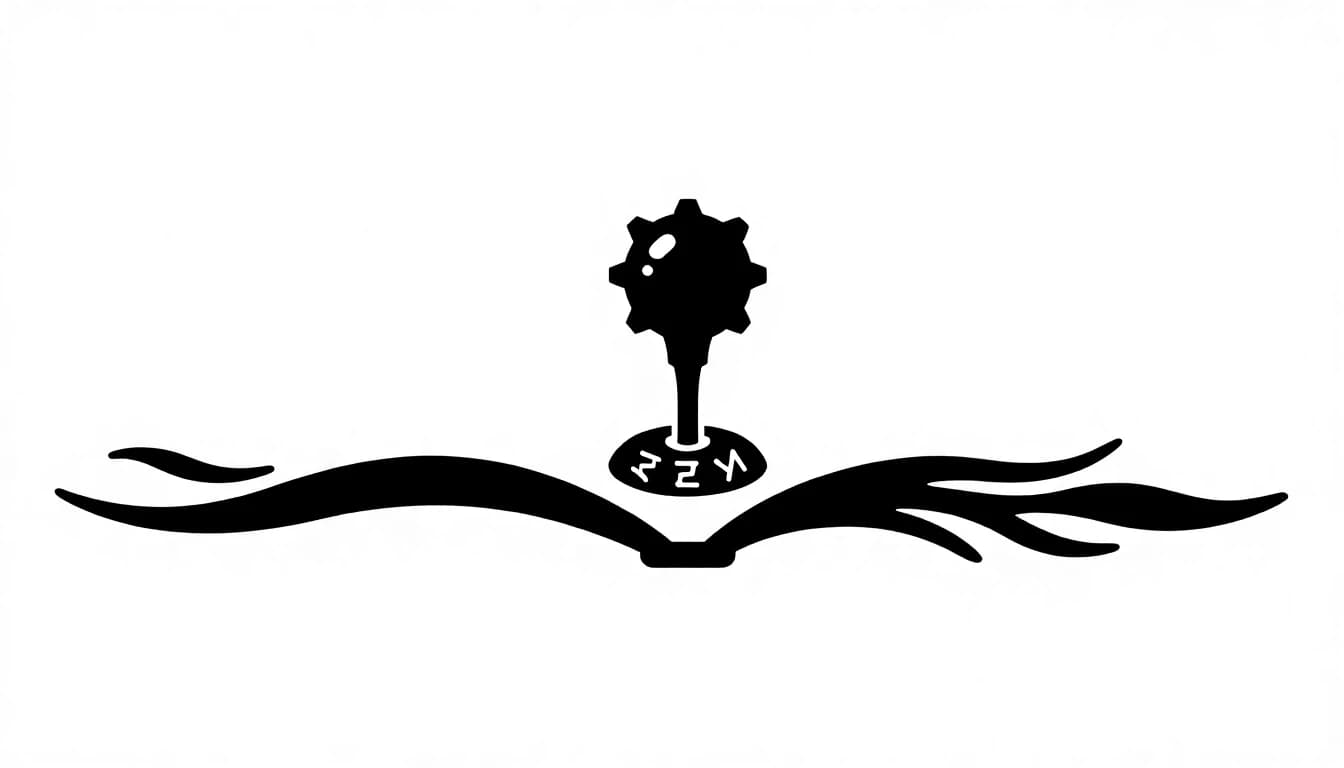 A symmetrical book chapter divider element, isolated on a solid white
background. In the exact center, there is a tiny, elegant mechanical gear shift
lever ornament with glowing mystical rune symbols carved around its base.
Delicate, thin waves and stylized sea kelp lines spread out horizontally to the
left and right from the center. Black and white ink line art, clean silhouette,
engraving style, sharp details, vector icon.