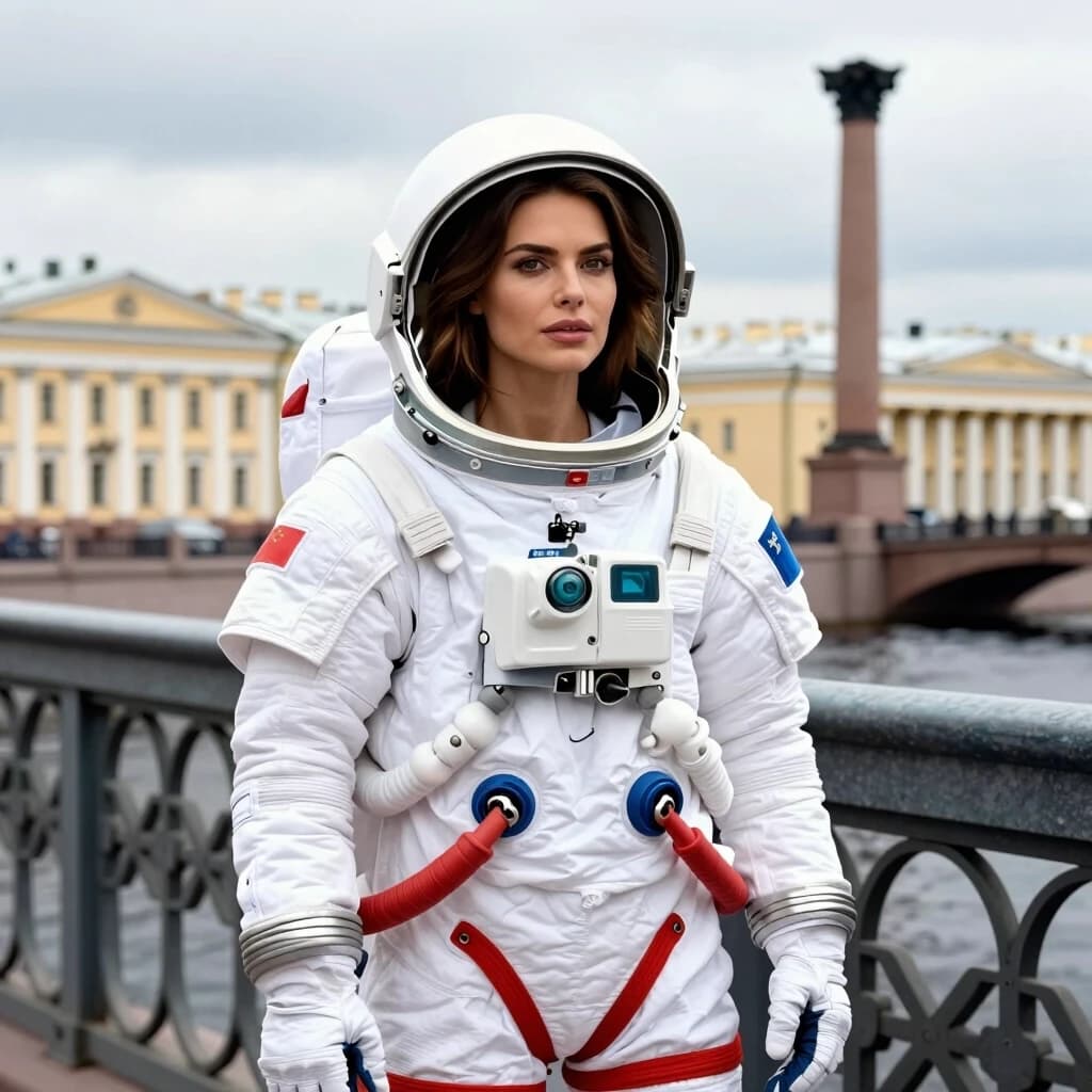 Красивая девушка, шотенка очень похожая на сексуальную актрису Анну Ковальчук в космическом скафандре стоит на питерском мосту. На фоне набережная с растральными колоннами.