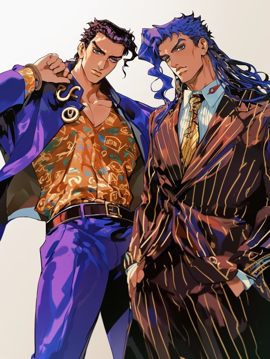 gigachad and sigma face imitation on the different anime characters painted in art styles of Katsuhito Ishii and Katsuya Terada, caricatured exaggeration of the masculine facial features of the chin, cheekbones, cheeks, eyes, and eyebrows, an elaborate pose showcasing the chic and unique design of an 80s-style outfit and Italian high fashion --ar 3:4 --niji 6 --s 100
