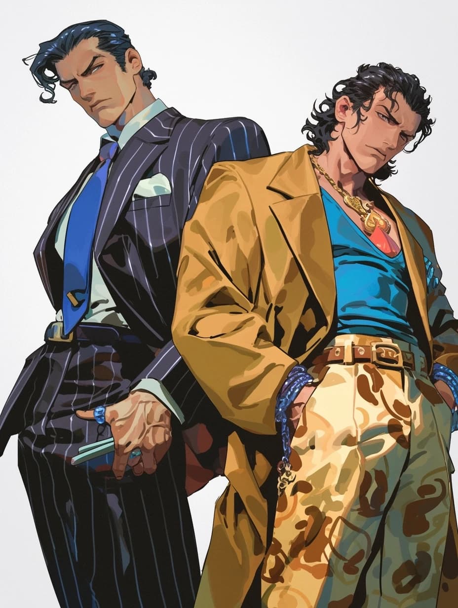 gigachad and sigma face imitation on the different anime characters painted in art styles of Katsuhito Ishii and Katsuya Terada, caricatured exaggeration of the masculine facial features of the chin, cheekbones, cheeks, eyes, and eyebrows, an elaborate pose showcasing the chic and unique design of an 80s-style outfit and Italian high fashion --ar 3:4 --niji 6 --s 100