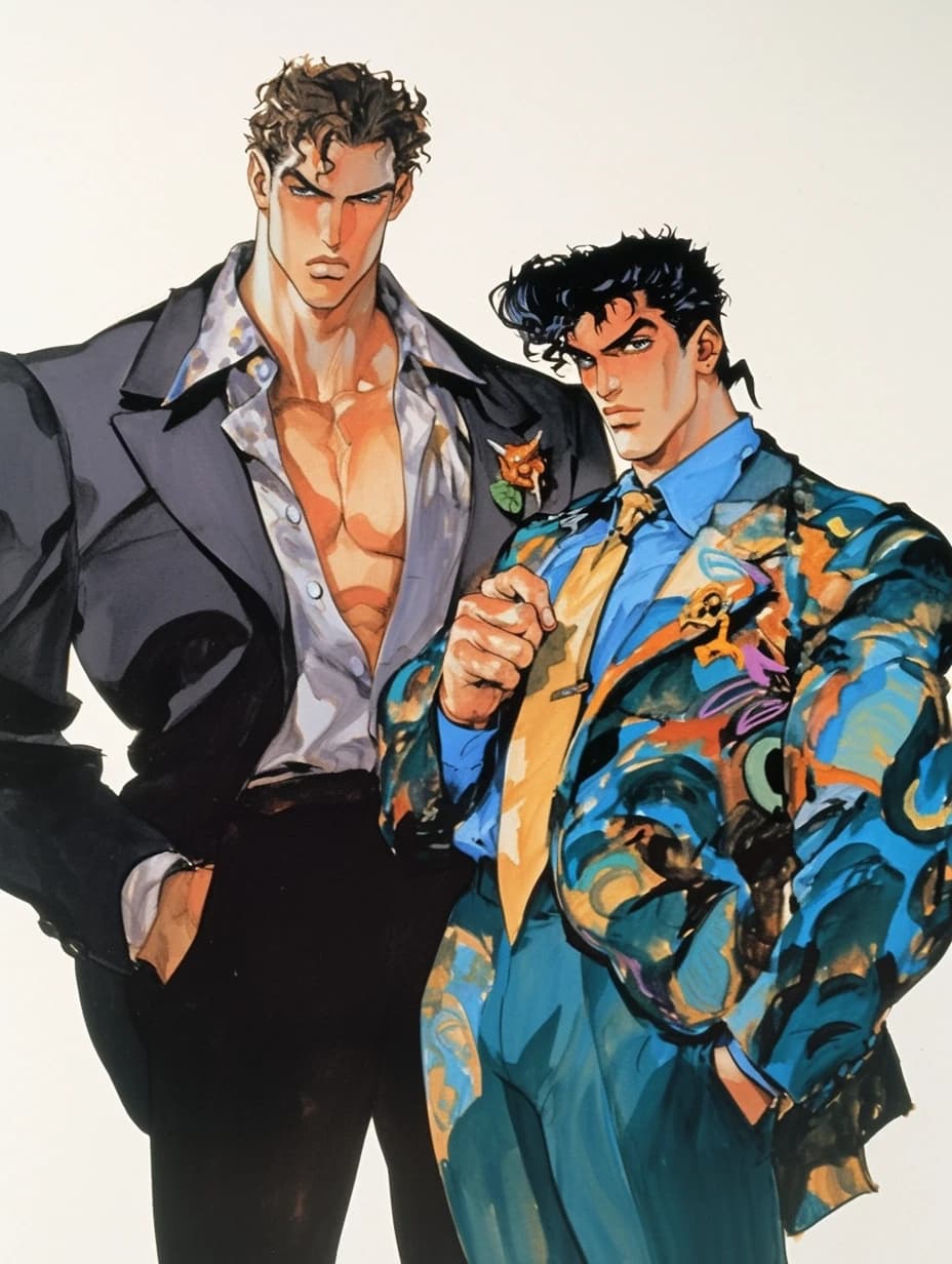 gigachad and sigma face imitation on the different anime characters painted in art styles of Katsuhito Ishii and Katsuya Terada, caricatured exaggeration of the masculine facial features of the chin, cheekbones, cheeks, eyes, and eyebrows, an elaborate pose showcasing the chic and unique design of an 80s-style outfit and Italian high fashion --ar 3:4 --niji 6 --s 100