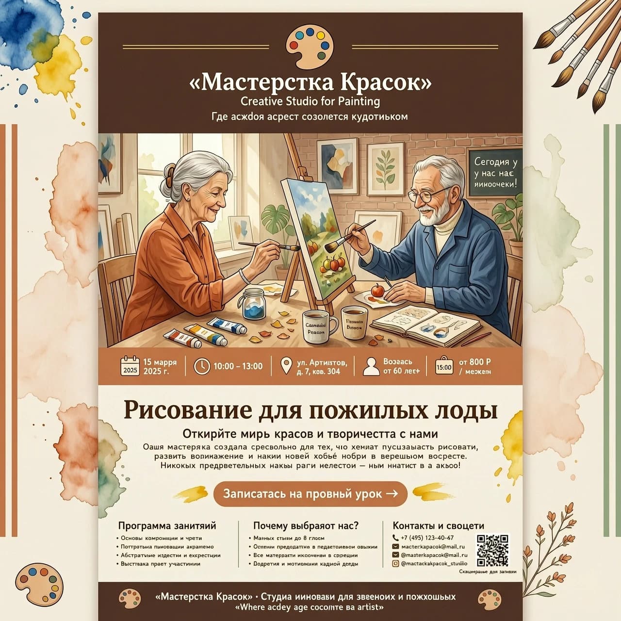 Создай рекламную афишу для творческой студии рисования для пожилых людей