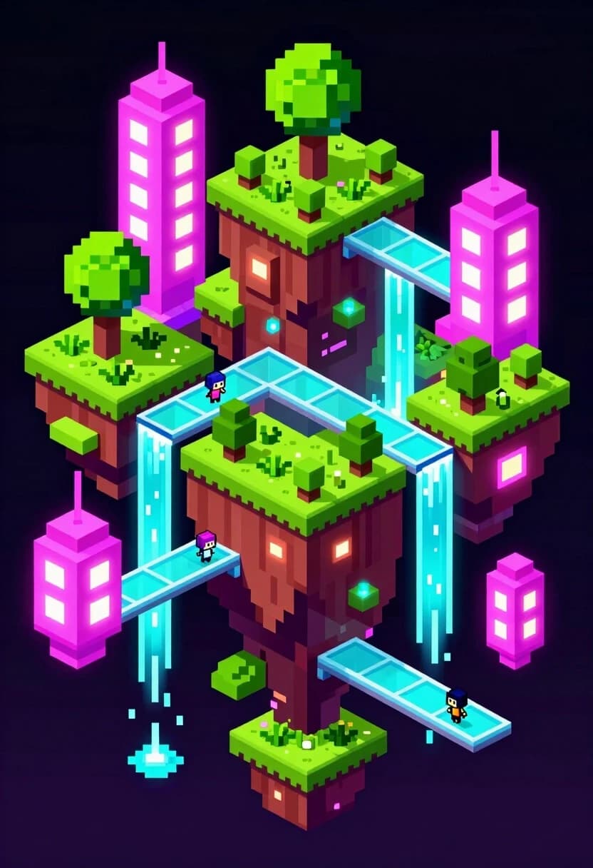 Prompt: A breathtaking 2.5D isometric pixel art landscape of a floating neon city. Intricate pixelated architecture with glowing magenta and cyan lights, small pixel-characters walking on glass bridges. Lush floating gardens with blocky, vibrant green foliage and tiny cascading waterfalls of blue pixels. Volumetric lighting, soft glow effects, high-contrast colors. 8k resolution, sharp edges, clean pixel grid, aesthetic of high-end indie games like Octopath Traveler, vivid color palette, detailed urban environment.