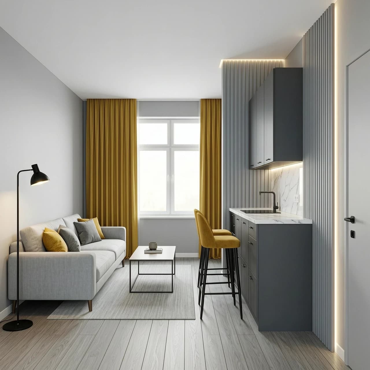 Interior design of a rectangular 18 sqm kitchen-living room, view from the entrance door. Room size 4.5m width x 4.0m depth, ceiling height 2.7m. Upon entering, on the left is a light grey fabric sofa against the wall, with a light grey rug and a coffee table. On the far wall is a large window with mustard yellow linen curtains filling the space with soft daylight. To the right of the entrance is a compact graphite matte linear kitchen along the left wall, with white marble countertop and backsplash. Between the kitchen and living area stands a white marble bar counter with two mustard yellow upholstered bar stools. Vertical decorative slats panels in RAL 7040 medium cold grey on the border between kitchen and living area, with LED strip lighting behind. Walls RAL 7047 light silver-grey, floor RAL 7040 medium cold grey wood texture, white ceiling. Two mustard cushions and two grey cushions on the grey sofa. Black matte hardware, brass floor lamp, warm 3000K lighting. Photorealistic, architectural visualization, soft daylight, clean lines, no clutter, 8k, ultra detailed --ar 16:9 --style raw