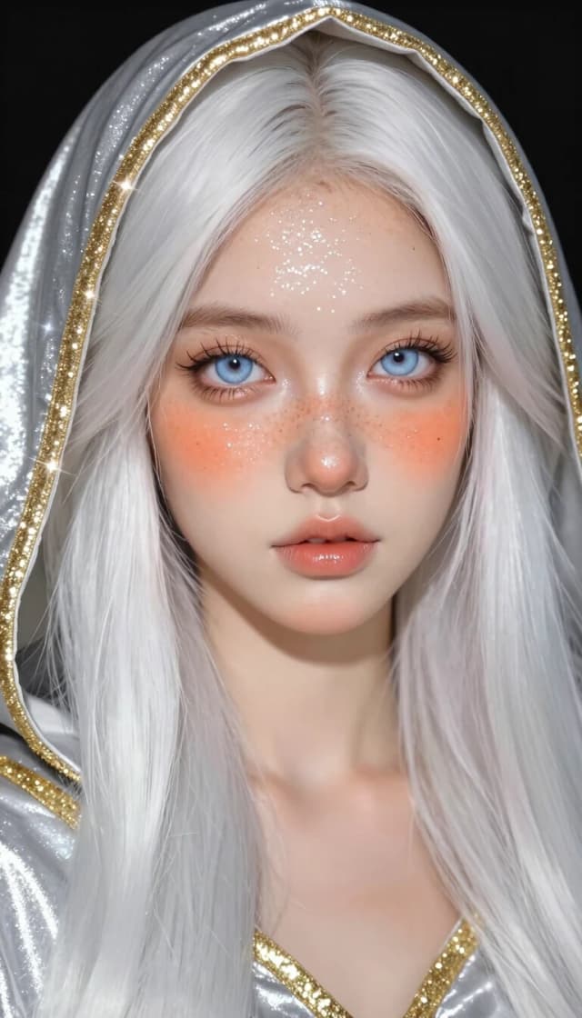 Tight close up portrait, young woman with long silky platinum white hair, bright pale blue eyes, soft freckles across nose and cheeks. Fine iridescent white glitter dusted across her skin, warm peachy blush, glossy natural lips, long dark lashes. She wears a shimmering liquid silver hooded cloak with a thick glittering gold trim along the hood edge. Soft warm rim lighting against solid black background, glitter catches the light with tiny glowing sparkles, smooth skin texture, polished digital painterly style, sharp focus on eyes.
