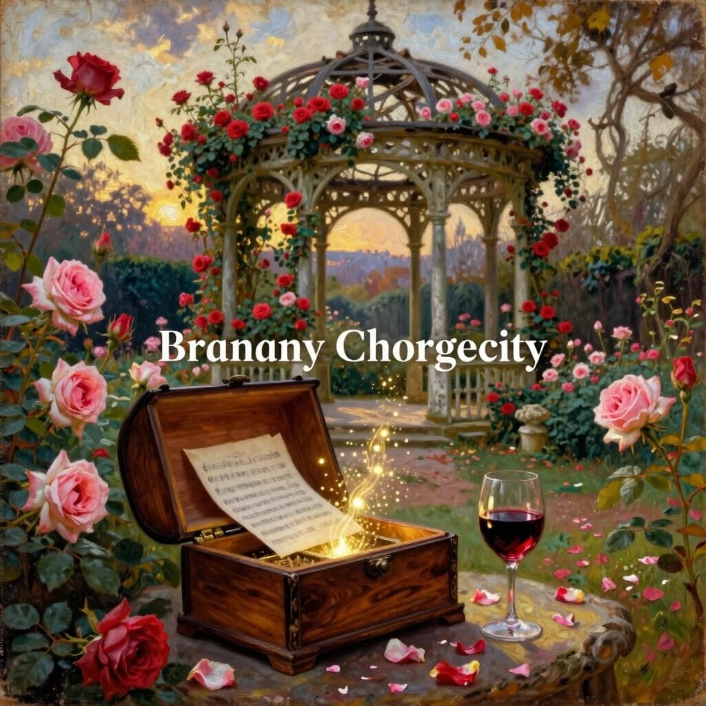 A hyper-detailed oil painting in the style of John William Waterhouse and the Pre-Raphaelites, square format 3000x3000. Cover of a classical music single. In the background, an ancient overgrown garden at dawn, dilapidated gazebo entwined with lush blooming roses of soft crimson and pale pink, petals scattered on the ground. An antique open wooden music box or jewelry chest in the foreground, from which a ghostly golden glow and small glowing particles flow. Sheet music and a glass of dark red wine. Atmosphere of sweet melancholy, fleeting youth, and autumn baroque. The texture of aged canvas.  . The text must be perfectly centered, cinematic volumetric lighting, god rays.