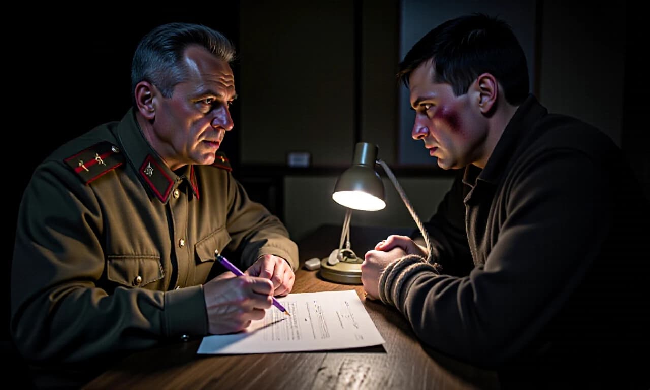 Cinematic intense two-shot portrait of a military interrogation during World War II, autumn 1944. A 39-year-old Soviet counterintelligence officer in a buttoned m43 tunic with captain shoulder boards, exhausted sharp eyes, greying temples, twisting a lilac indelible chemical pencil in nicotine-stained fingers. Sitting across the rustic wooden table is a captured spy, 32 years old, bruised cheek, tied with ropes, defiantly locking eyes with the officer. On the table lies a handwritten interrogation protocol under a flickering trench lamp made of a spent artillery shell. Dark moody atmospheric shadows, sepia and cold slate tones, ultra-realistic skin textures, sweat and charcoal dust, 50mm anamorphic lens, master photography, 8k, --ar 16:9 --no anime, painting, bright colors, smooth skin, watermark, logo, text