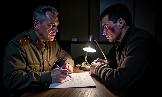 Cinematic intense two-shot portrait of a military interrogation during World War II, autumn 1944. A 39-year-old Soviet counterintelligence officer in a buttoned m43 tunic with captain shoulder boards, exhausted sharp eyes, greying temples, twisting a lilac indelible chemical pencil in nicotine-stained fingers. Sitting across the rustic wooden table is a captured spy, 32 years old, bruised cheek, tied with ropes, defiantly locking eyes with the officer. On the table lies a handwritten interrogation protocol under a flickering trench lamp made of a spent artillery shell. Dark moody atmospheric shadows, sepia and cold slate tones, ultra-realistic skin textures, sweat and charcoal dust, 50mm anamorphic lens, master photography, 8k, --ar 16:9 --no anime, painting, bright colors, smooth skin, watermark, logo, text