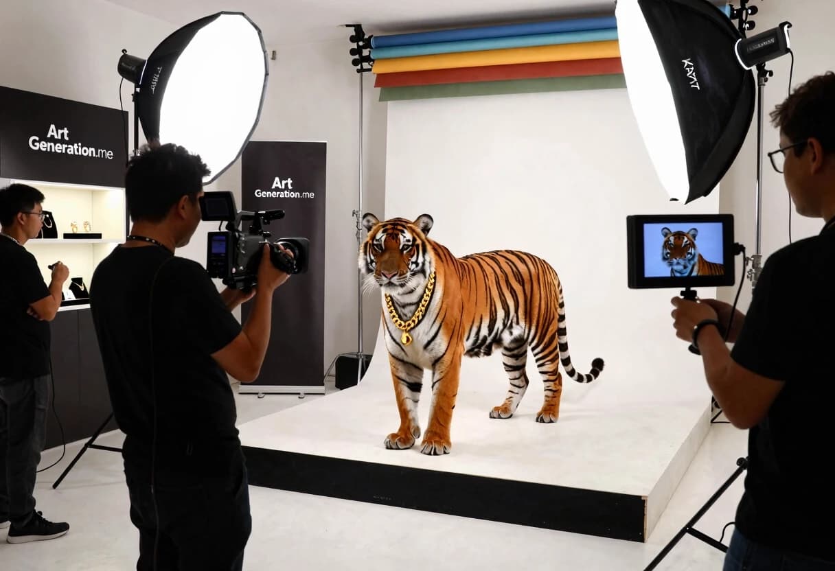 Ultra realistic behind-the-scenes studio photoshoot scene, a majestic tiger as the main model standing calmly on a large studio platform, wearing a large luxury gold chain necklace around its neck, the gold chain is clearly visible and premium, professional photographers and crew around the tiger, one photographer holding a cinema camera, large softbox lights, C-stands, reflectors, cables, monitor screen showing the tiger close-up, luxury jewelry commercial setup, realistic studio environment, cinematic documentary BTS style, The studio is designed as a branded interior with logos and banners for “Art Generation.me”; merchandise with the “ArtGeneration.me” logo is present throughout the studio and on the clothing, 
wide angle 24mm lens, natural behind-the-scenes lighting, high detail, photorealistic, ARRI Alexa look, shallow depth of field, no cartoon, no fantasy, no text