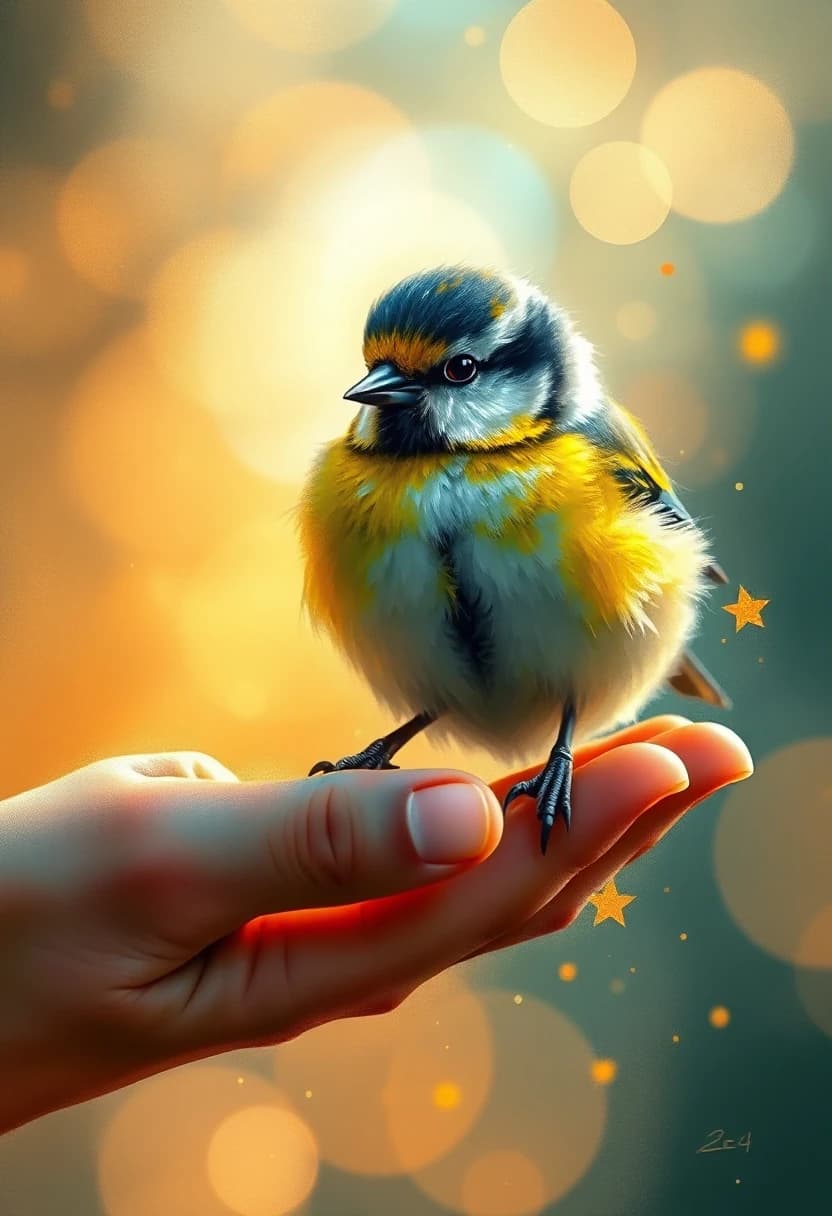 Magical impressionism painting, a cute chickadee sitting on a hand, feeding from the palm, expressive brushstrokes, golden hour lighting, vibrant colors, bokeh lights in the background, fairytale mood, artstation trending --ar 3:4