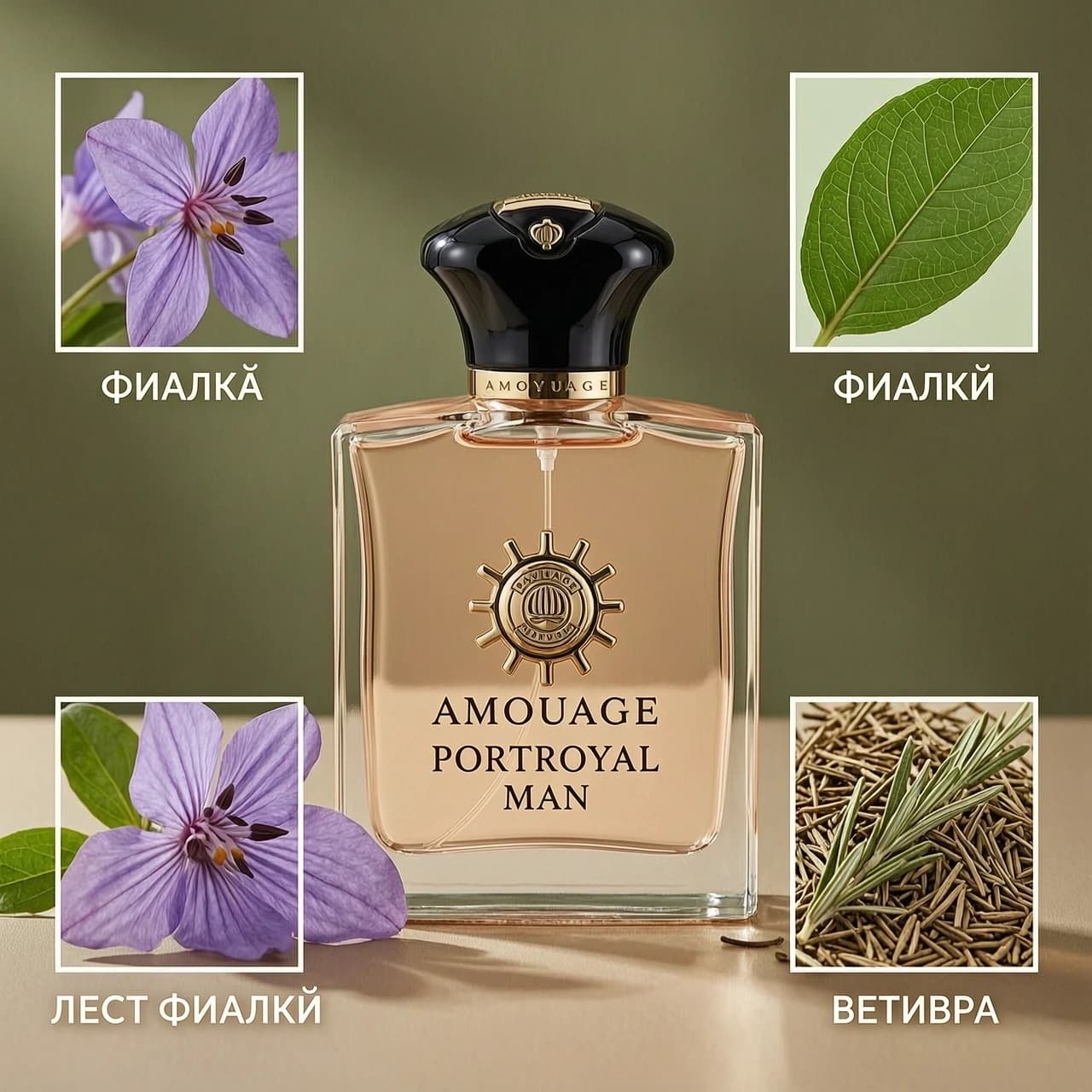 Изображение флакона духов Amouage Portroyal Man в окружении изображений компонентов - фиалка, лист фиалки, ветивер