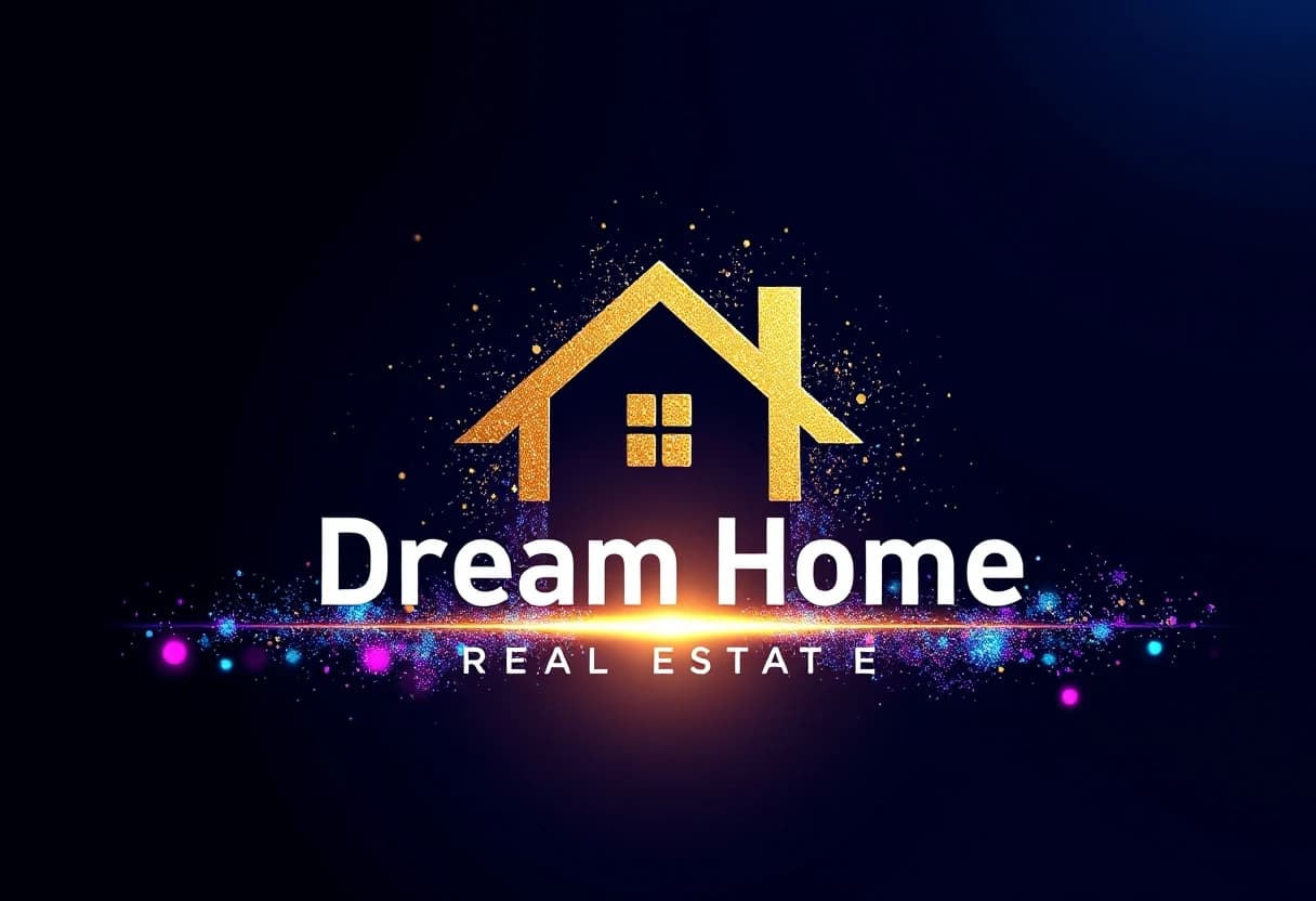 Логотип: Dream Home Real Estate (вместо лица)
Фон: глубокий космос или темный градиент от темно-синего к синему электрику
Элементы: мерцающие переливающиеся голубые блестки и космическая пыль вокруг логотипа; неоново-розовые, голубые, желтые и фиолетовые светящиеся пиксели, разбросанные по фону как цифровые фрагменты
Освещение: эффектное кинематографическое освещение с глубокими тенями и высококонтрастными бликами на золотом элементе дома из логотипа
Текстура: гиперреалистичная текстура золотого элемента с видимыми микрочастицами пыли и блеска
Стиль: сказочный цифровой сюрреализм, редакционная фотография высокой моды