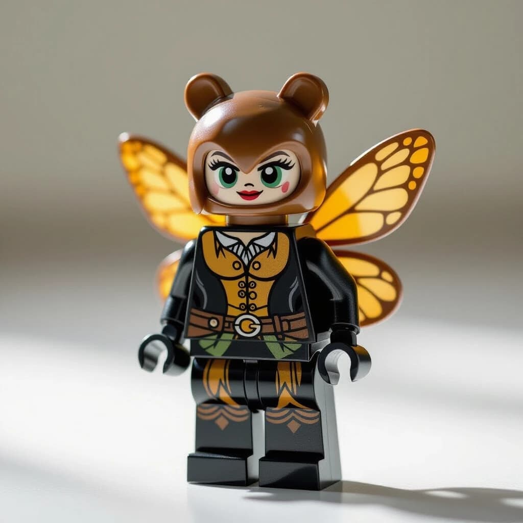 Премиум-класса оригинальная минифигурка персонаж LEGO, созданный 
Фигурка имеет классическое блочное тело в стиле LEGO и цилиндрическую голову, но имеет весьма характерные наряды, аксессуары и темы. Только оригинальная, ни где не опубликованная минифигурка в виде необычных сказочных животных под LEGO .
Фигурка изготовлена ​​из глянцевого пластика с реалистичной текстурой игрушки, царапинами и едва заметными дефектами. Персонаж расположен в динамичной композиции, как в витрине элитного товара.
Освещение кинематографическое, с мягкими тенями и бликами, создающими глубину и драматизм.
Снято в стиле макросъемки с малой глубиной резкости.
Фон минималистичный, но слегка атмосферный (мягкий градиент или едва заметный намек на окружающую обстановку). Сверхдетализированная фотография коллекционной игрушки с высоким разрешением, выполненная в стиле премиального брендинга.