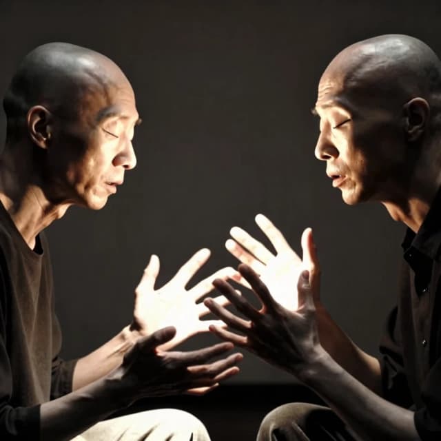 Cinematic close-up portrait, two blind people sitting opposite each other in a minimalist dark room, both with closed eyes or blind eyes, engaged in an animated conversation, their hands dramatically gesturing in mid-air with expressive finger movements, they cannot see each other but their hands move naturally, soft dramatic lighting, deep shadows, moody atmosphere, photorealistic, emotional depth, black and white with subtle warm tones, 8k