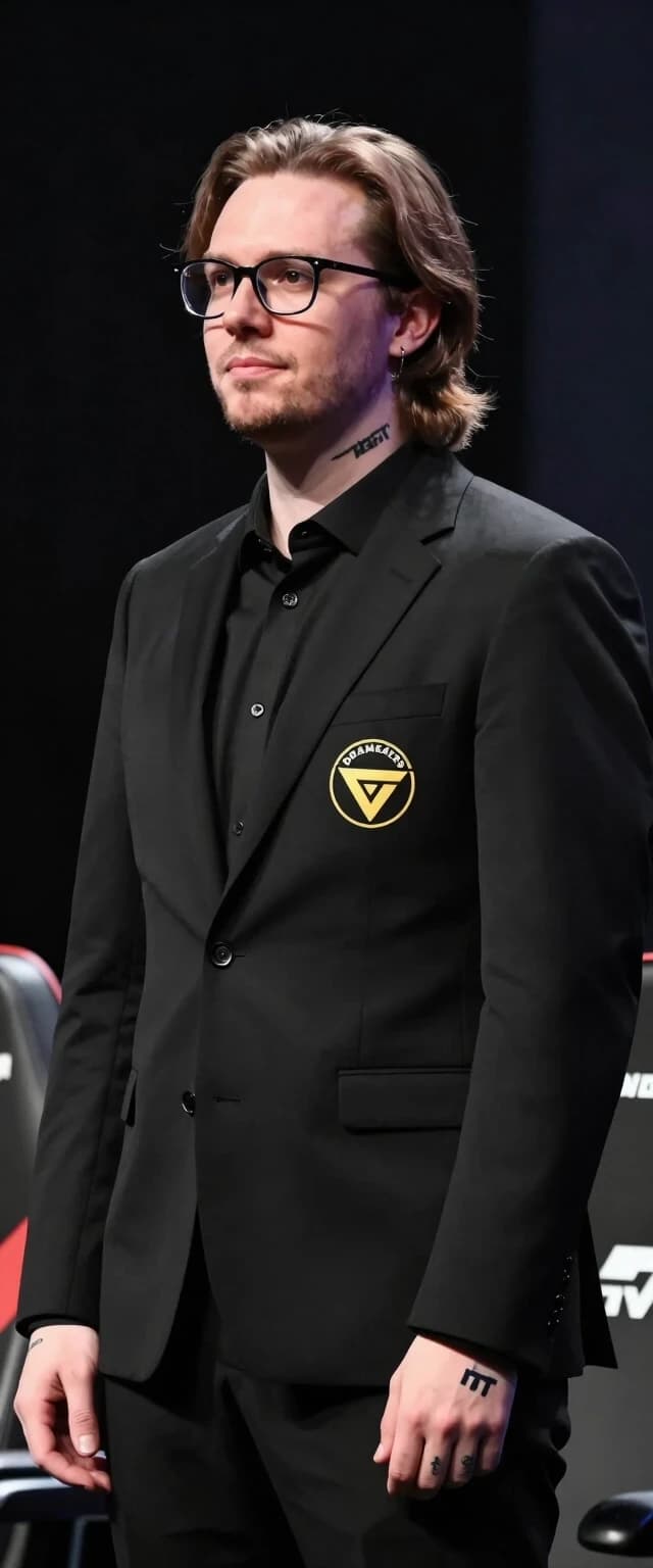 create an esports club coach with glasses, medium-length hair, tattoos, wearing a black suit with the dreameaters logo, without a background, in a front-facing profile view like on hltv