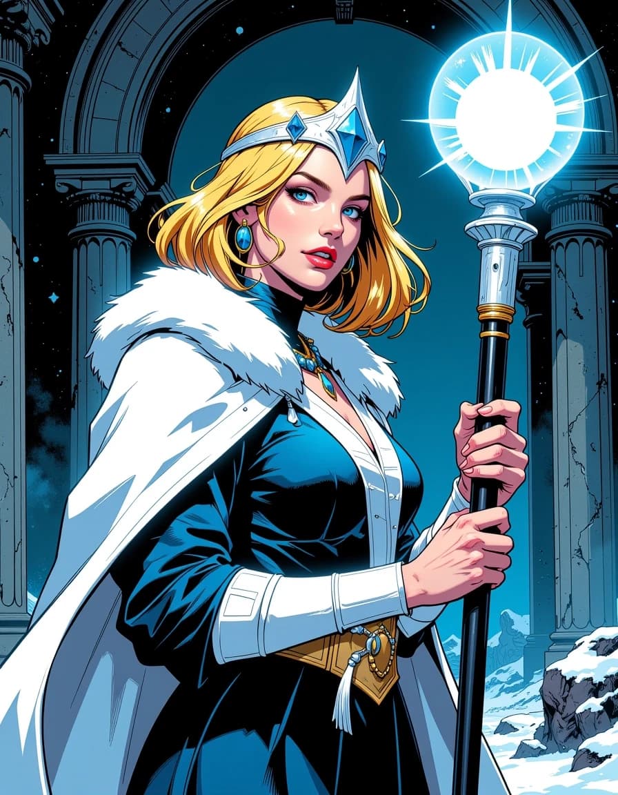 A masterpiece,  in the style of the 1980s, with bold lines, dynamic strokes and rich textures, on background with a touch of nostalgia, perhaps with subtle drawings inspired by cellulose and vintage, worn textures similar to paper, oil painting, celshading, a woman who looks about 30 years old, blonde blue shoulder-length hair with an open forehead, bright blue eyes, an imperious expression on a beautiful face with a small, neat nose and thin lips, dressed in a dark blue dress over which she wears a white fur coat, a white mithril tiara decorated with three sapphires on her head, holding a staff in her right hand made of ice, the tip of which wraps around a white sphere floating inside with 8 rays, 2d stylistics with cold colors conveying the atmosphere of the character's authority, against the background of the castle halls in the northern latitudes. simple background celshading,
