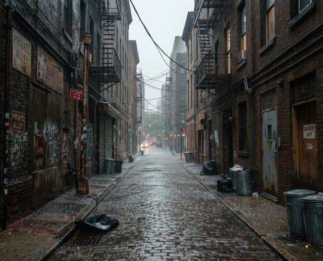 A rainy day in a small alley in New York City, no people in the photo, photorealistic, high detail