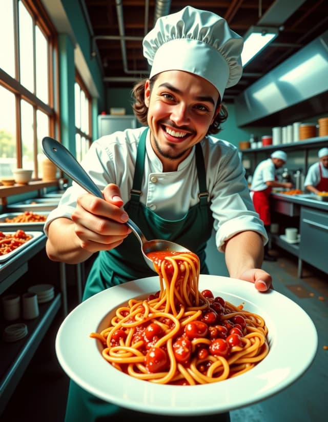 A masterpiece,  in the style of the 1980s, with bold lines, dynamic strokes and rich textures, on background with a touch of nostalgia, perhaps with subtle drawings inspired by cellulose and vintage, worn textures similar to paper, oil painting, Close-up low-angle wide-angle portrait of a cheerful cafeteria cook leaning toward the camera, playful smirk and direct eye contact, holding a large ladle in one hand and a white ceramic plate of spaghetti with glossy tomato-meat sauce in the other; industrial cafeteria interior with stainless-steel food pans, large factory windows letting warm natural light from the left and cool fluorescent overhead fill, shallow depth of field with blurred workers in the background. Styling: vintage white cook uniform, apron and paper cap with small fabric creases and subtle stains, natural skin texture, freckles, and warm rosy cheeks. Cinematic documentary mood, nostalgic yet energetic. Color grade: warm highlights, teal-blue shadows, rich tomato reds, creamy whites, moderate film grain, high texture on metal, fabric and food. Technical: 35mm wide lens look, slight perspective distortion, f/2.8 shallow DOF, soft rim light, subtle vignetting, crisp focus on eyes and plate, high resolution, hyperrealistic details for food gloss and sauce texture, believable lighting and authentic atmosphere., hdr