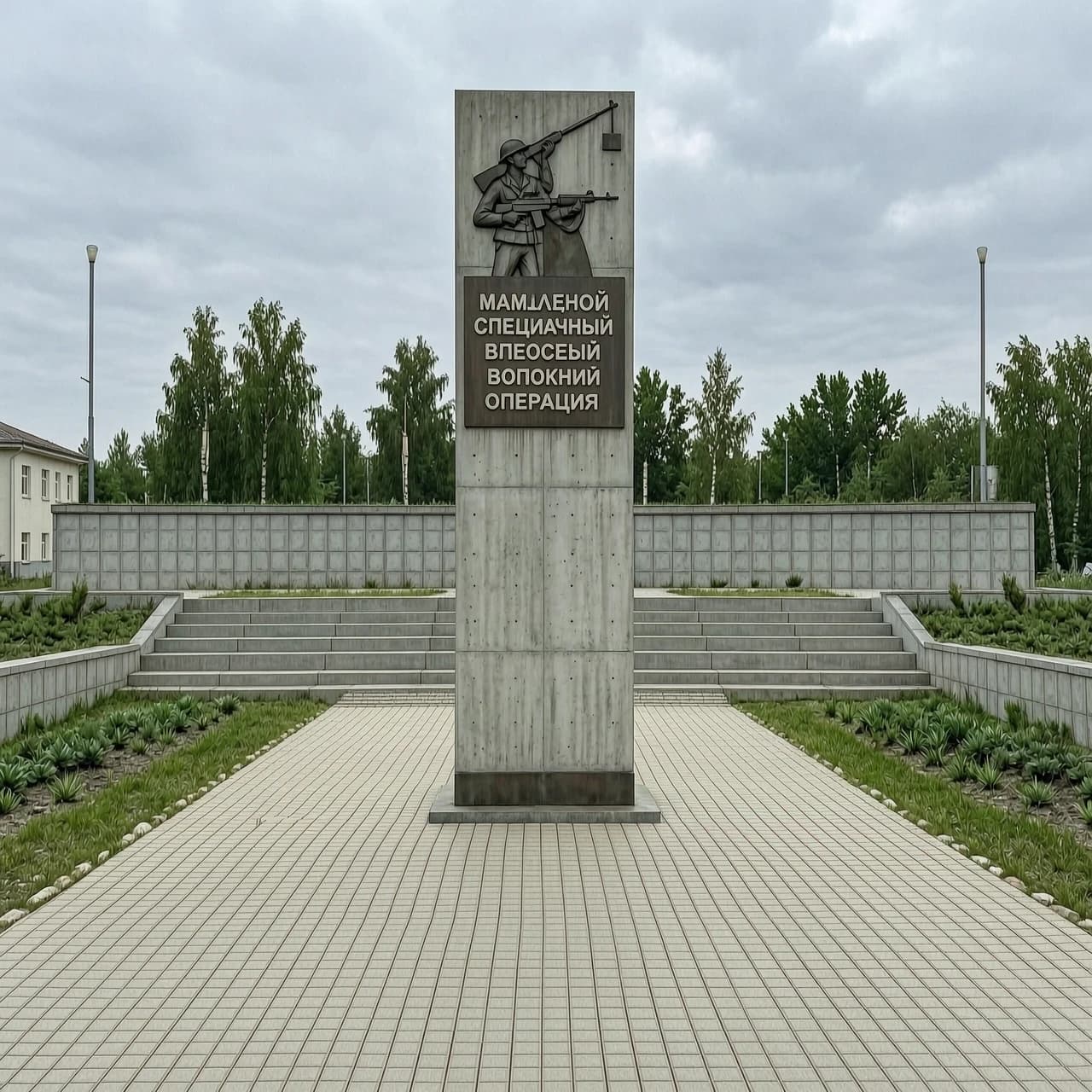Фотореалистичный кадр: памятник в честь специальной военной операции стоит как входная группа перед территорией, перед памятником дорожка из плитки, сам памятник выполнен из бетона и метала, без применения человека в самом памятнике, с применением атрибутики СВО, что бы было узнаваемо, о какой операции идет речь, памятник должен быть вытянутым вверх, памятник не должен быть большим, максимум метров 5 в высоту, без изображения человека