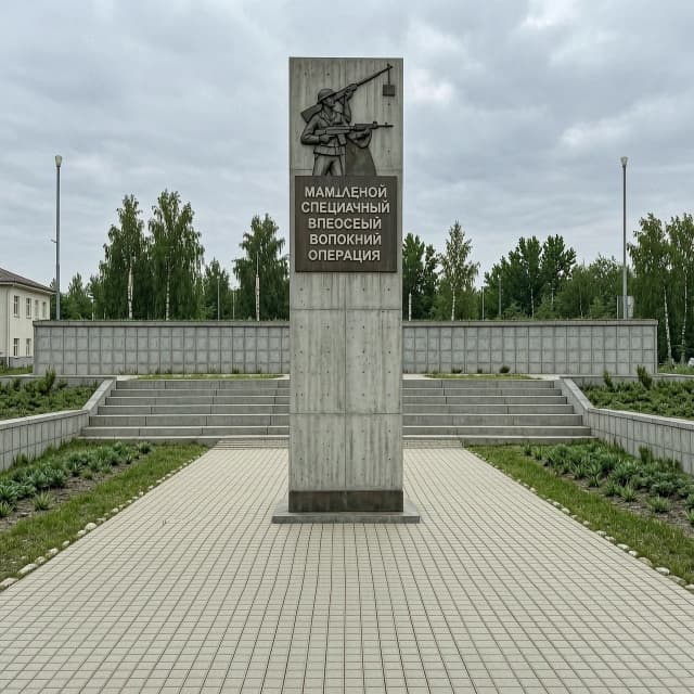 Фотореалистичный кадр: памятник в честь специальной военной операции стоит как входная группа перед территорией, перед памятником дорожка из плитки, сам памятник выполнен из бетона и метала, без применения человека в самом памятнике, с применением атрибутики СВО, что бы было узнаваемо, о какой операции идет речь, памятник должен быть вытянутым вверх, памятник не должен быть большим, максимум метров 5 в высоту, без изображения человека