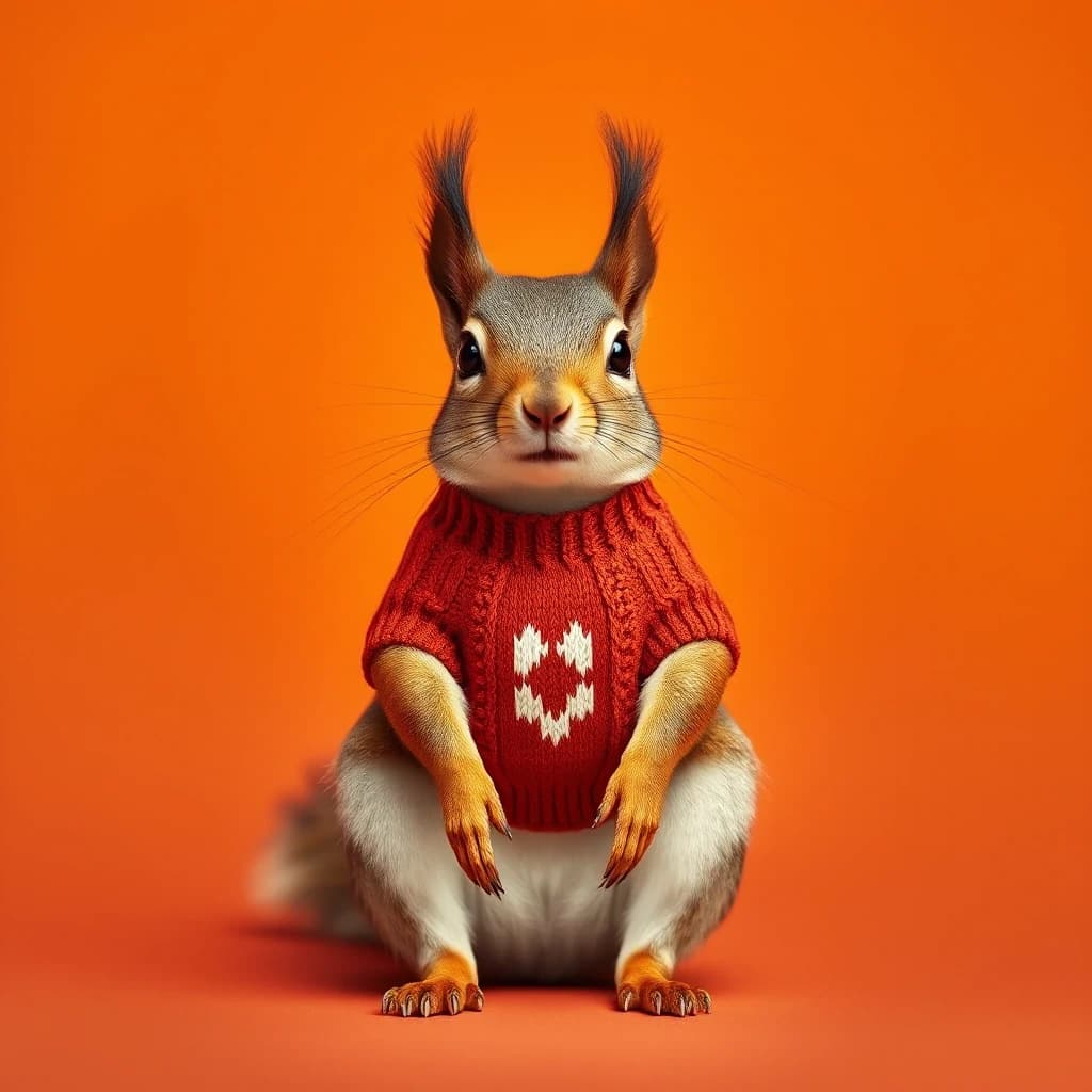 Draw a symmetrical frontal frame in the style of Wes Anderson for the A6 format. In the center is a full—length squirrel, it sits on its hind legs, and on its chest is a knitted terracotta shirt front with a simple pattern. The background is matte terracotta, uniform. Palette: terracotta, red, beige, cream. The lighting is warm, like sunset, and the shadows are soft. High detail: fluffy tail, knitting loops, precise proportions of the squirrel. No labels. 8K, cinematic frame.