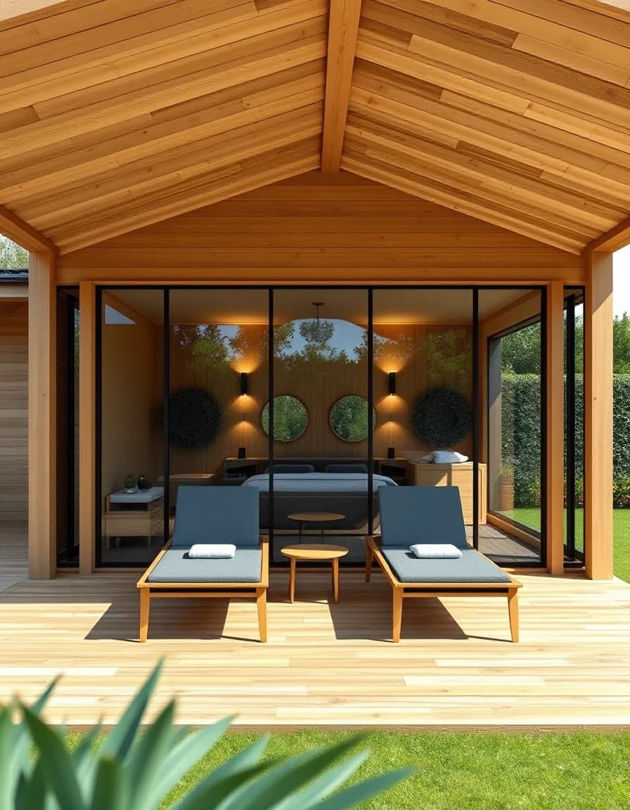 Vertical architectural photography of a modern wooden spa and sauna building, shot from a low angle. Premium thermowood cladding with natural timber texture. Large panoramic glass windows with a view of a cozy interior with warm lighting. Neat wooden terrace in front with two modern outdoor lounge chairs. Beautiful backyard garden background, bright sunny day, photorealistic, 8k.