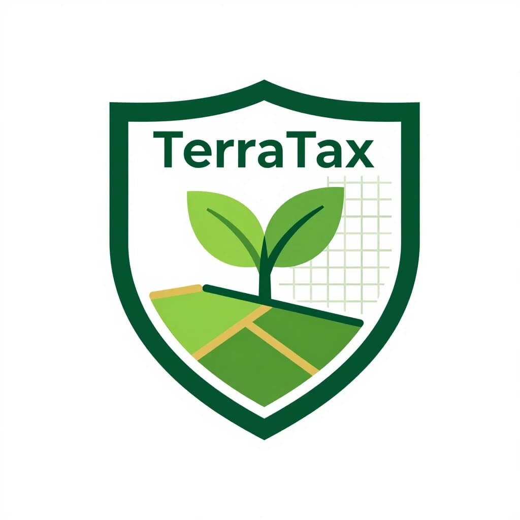 Minimalist logo design for a consulting company named "TerraTax". The name means "Earth" or "Territory" in Slavic roots. Visual metaphor: A stylized shield (representing tax protection) seamlessly merging with a geometric plot of land or a sprouting green leaf. Inside the shield, subtle grid lines represent a cadastral map. Style: Modern, corporate, trustworthy, deep green and gold color palette (symbolizing fertile soil and financial prosperity). Flat vector, geometric shapes, negative space utilization. White background, clean outlines, professional business branding. Aspect ratio 1:1.