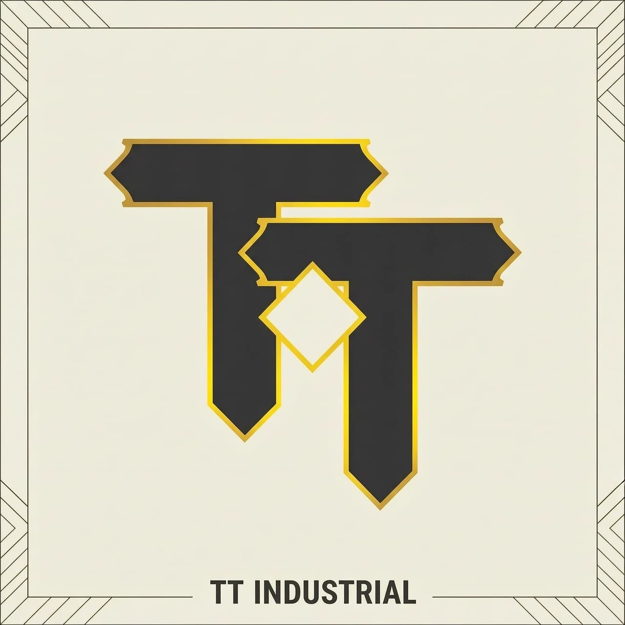 Monogram-style vector logo. Two overlapping "T" letters offset to create an industrial, mechanical lockwork pattern. The composition references the slide serrations and the angular frame of a Tokarev TT pistol. Heavy geometric lines, sharp 45-degree bevels, brutalist architectural aesthetic. The overlapping area forms a subtle diamond shape in negative space. Color palette: dark slate gray (#2B2B2B) for the primary shapes, with luminous gold (#FFD700) highlights on the overlapping intersections and outer contours. Background: cream or transparent. Clean, distinctive, powerful corporate identity. --ar 1:1 --v 6.0 --s 300 --no 3D, gradient, messy, generic, organic shapes
