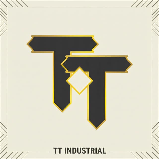 Monogram-style vector logo. Two overlapping "T" letters offset to create an industrial, mechanical lockwork pattern. The composition references the slide serrations and the angular frame of a Tokarev TT pistol. Heavy geometric lines, sharp 45-degree bevels, brutalist architectural aesthetic. The overlapping area forms a subtle diamond shape in negative space. Color palette: dark slate gray (#2B2B2B) for the primary shapes, with luminous gold (#FFD700) highlights on the overlapping intersections and outer contours. Background: cream or transparent. Clean, distinctive, powerful corporate identity. --ar 1:1 --v 6.0 --s 300 --no 3D, gradient, messy, generic, organic shapes