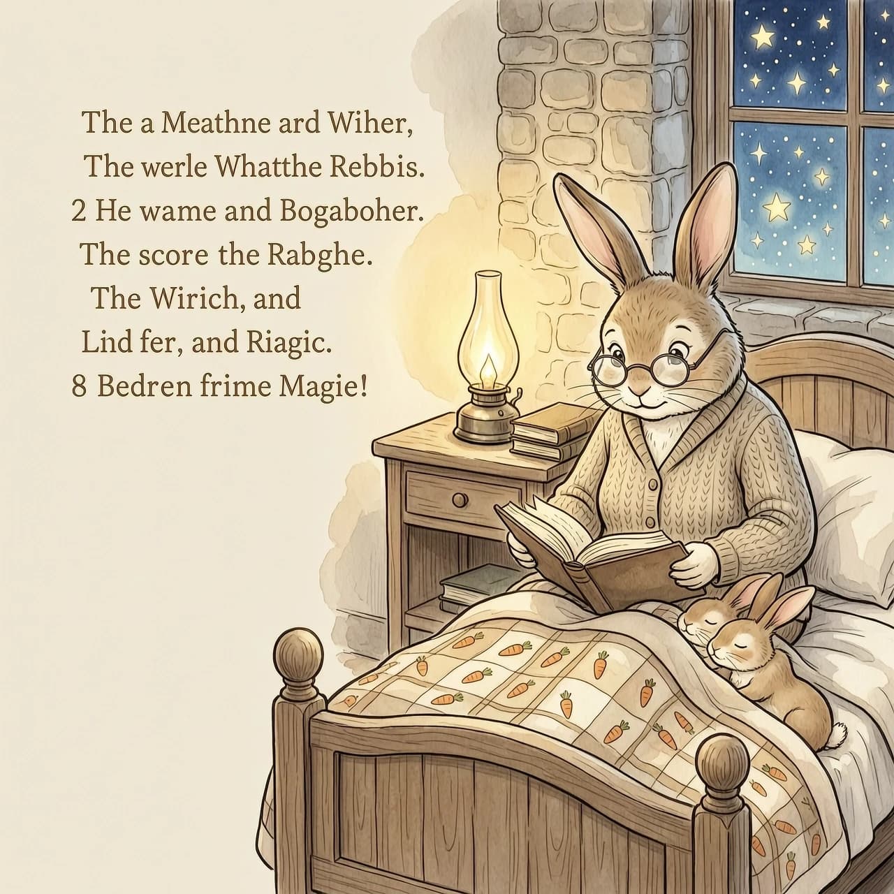Cozy and heartwarming children's book illustration in the style of classic fairytale watercolor and soft pencil sketches. The scene features an elderly anthropomorphic mother rabbit with kind, wise eyes and spectacles, wearing a knitted domestic cardigan, sitting on the edge of a vintage wooden bed. She is tenderly reading an open book to a group of small, adorable bunnies. The little rabbits are huddled together under a warm checkered blanket with a subtle carrot pattern, their eyes closed in blissful contentment as they listen to the story. The setting is a charming, rustic bedroom with antique wooden furniture; a bedside table holds a glowing kerosene lamp casting a soft, golden, amber light and a small stack of old books. In the background, a textured stone wall meets a window revealing a magical, shimmering starry night sky. The color palette consists of warm, muted pastel tones: beige, soft cocoa, creamy ivory, and gentle twilight blue, evoking an atmosphere of serenity, domestic warmth, and bedtime magic. High detail, fine pencil textures, soft watercolor washes, dreamy lighting. Composition includes a large, clean, empty space (negative space) integrated into the background or side of the frame, specifically designed for placing 8 lines of text without obscuring the characters.