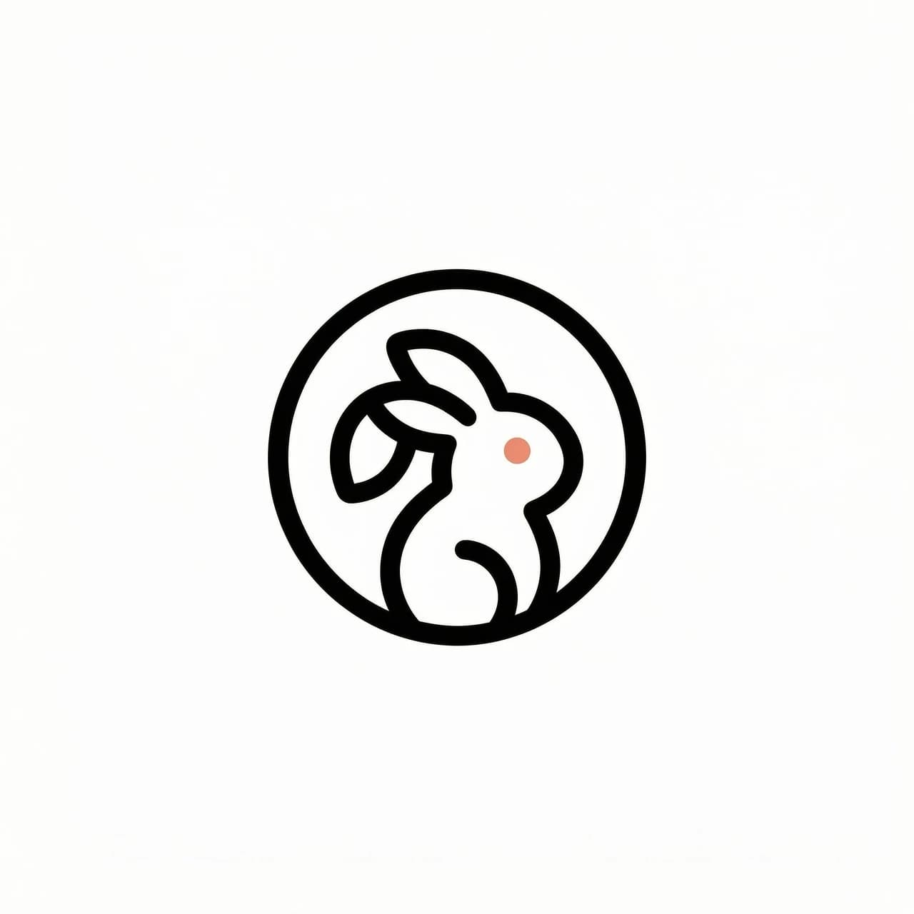 Create a polished minimalist avatar/logo for a Pinterest and Boosty account focused on beautiful printable coloring books. Square 1:1 composition designed specifically to remain clear and recognizable at very small profile-icon sizes.

Pure white background. In the center, create a simple original circular emblem made from one thick, smooth black line, with a charming stylized rabbit subtly integrated into the circle. Add exactly one small tasteful colored accent, such as a tiny muted coral or warm yellow detail.

Bold black outline, high contrast, clean vector-like geometry, balanced negative space, elegant and memorable, cute but not childish, premium boutique aesthetic.

No text, no letters, no words, no gradients, no shadows, no extra objects, no thin details, no clutter.

The circle and rabbit silhouette must remain instantly recognizable when reduced to 32–64 px. Crisp edges, professional logo design, visually distinctive, timeless and suitable for both Pinterest and Boosty profile avatars.