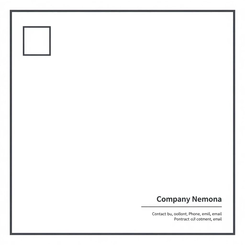 Corporate letterhead template, A4 size, portrait orientation. White background. All lines, frames, shapes, and text are dark gray only (e.g., #333333). Thin dark gray border line around the entire page. Top left corner: empty placeholder for logo (square area outlined with a thin dark gray line). Next to it or below: placeholder for company name in large dark gray font, with a thin dark gray horizontal line underneath. Bottom footer: placeholder for contact details (address, phone, email, website) in small dark gray font. Minimalist business style, monochrome dark gray graphics, clean design, vector graphics, high resolution, --ar 1:1.414