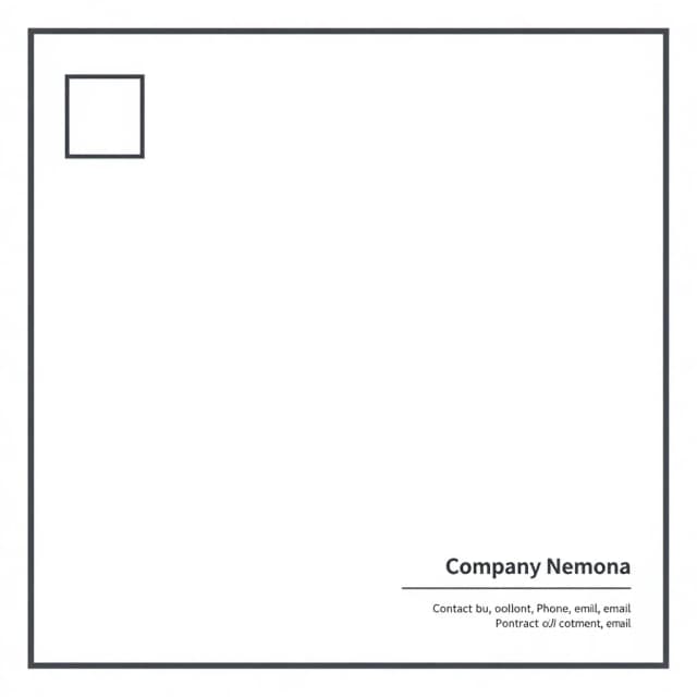 Corporate letterhead template, A4 size, portrait orientation. White background. All lines, frames, shapes, and text are dark gray only (e.g., #333333). Thin dark gray border line around the entire page. Top left corner: empty placeholder for logo (square area outlined with a thin dark gray line). Next to it or below: placeholder for company name in large dark gray font, with a thin dark gray horizontal line underneath. Bottom footer: placeholder for contact details (address, phone, email, website) in small dark gray font. Minimalist business style, monochrome dark gray graphics, clean design, vector graphics, high resolution, --ar 1:1.414