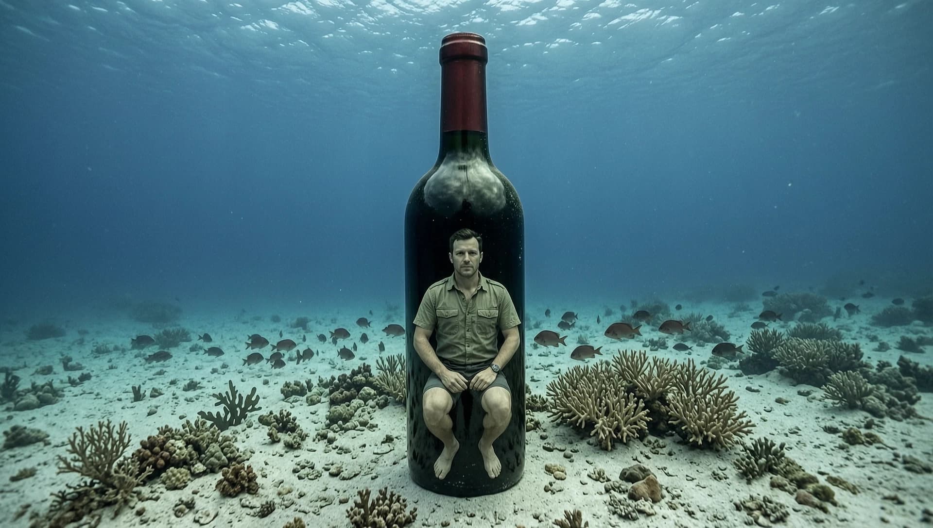 man inside a wine bottle on the sea bottom